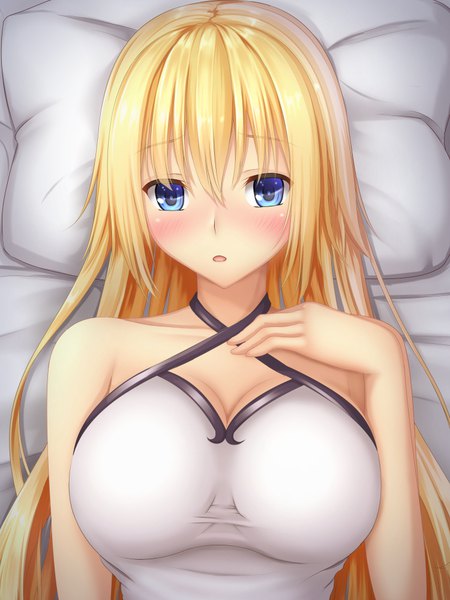 Anime picture 750x1000 with fate (series) fate/grand order fate/apocrypha jeanne d'arc (fate) (all) jeanne d'arc (fate) tapisuke single long hair tall image looking at viewer blush breasts open mouth blue eyes light erotic blonde hair large breasts bare shoulders lying embarrassed