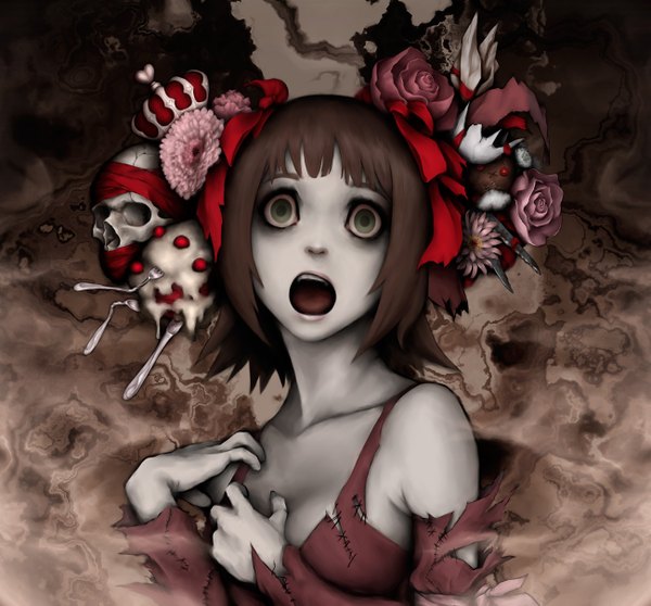 Anime picture 1300x1209 with idolmaster idolmaster (classic) amami haruka genk single short hair open mouth brown hair green eyes hair flower torn clothes screaming girl hair ornament ribbon (ribbons) food crown skull knife