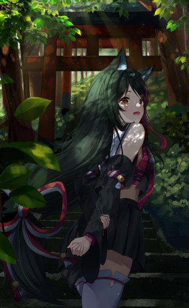 Anime picture 4079x6649 with virtual youtuber hololive ookami mio ookami mio (1st costume) kimae single long hair tall image highres open mouth black hair brown eyes animal ears absurdres outdoors :d looking back multicolored hair from behind streaked hair