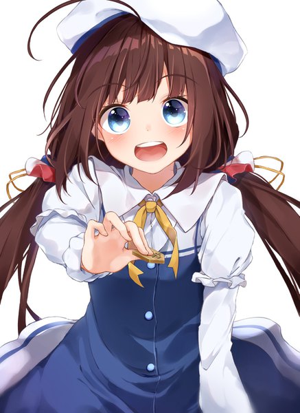 Anime picture 1075x1473 with ryuuou no oshigoto! hinatsuru ai dolphro-kun single long hair tall image looking at viewer blush fringe open mouth blue eyes simple background smile brown hair standing white background twintails holding payot ahoge