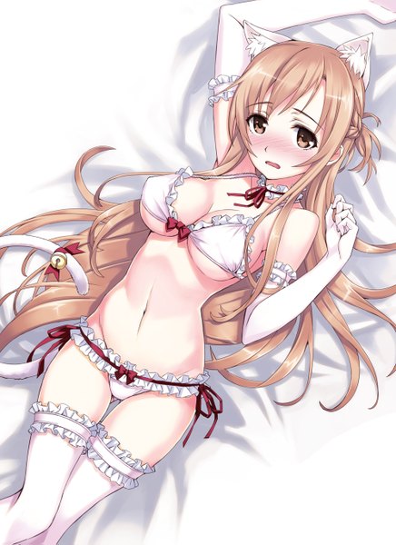 Anime picture 1000x1375 with sword art online a-1 pictures yuuki asuna matsuryuu single long hair tall image blush breasts light erotic blonde hair brown eyes animal ears cat ears cat girl cat tail underwear only covered nipples girl thighhighs