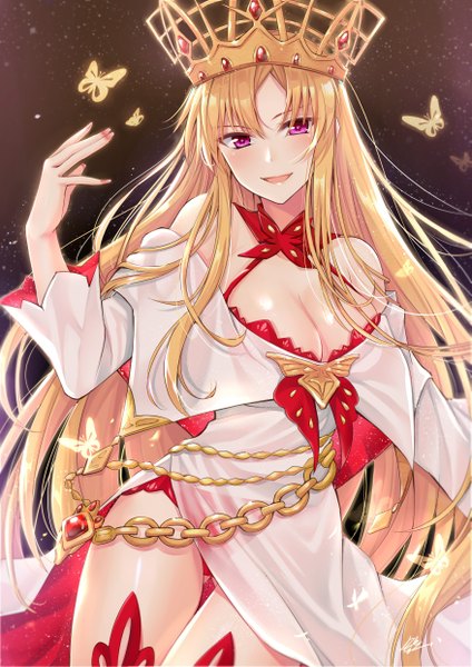 Anime-Bild 3507x4960 mit fate (series) fate/grand order europa (fate/grand order) gu li single tall image looking at viewer blush fringe highres breasts open mouth light erotic simple background blonde hair smile hair between eyes large breasts standing purple eyes