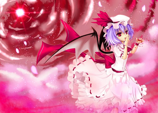 Anime picture 1595x1145 with touhou remilia scarlet cloudy.r single short hair red eyes purple hair bat wings girl dress hat petals wings tongue blood