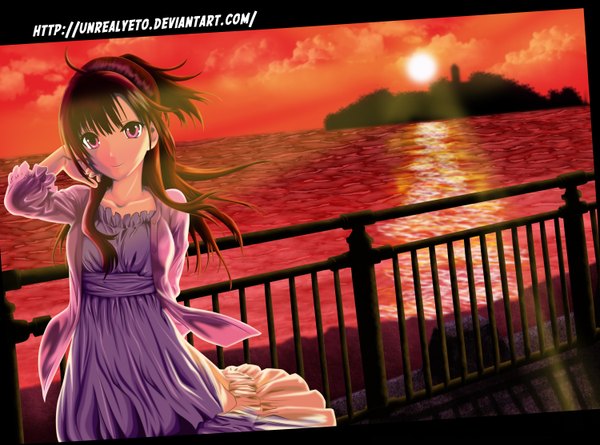 Anime picture 3000x2225 with unrealyeto single long hair highres smile brown hair sky cloud (clouds) ponytail pink eyes sunlight evening sunset girl dress sea sun