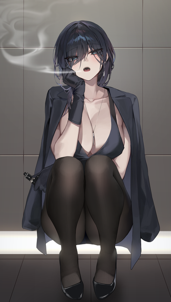 Anime picture 3933x6953 with original yokoyama ishimi bara (03 bara ) single tall image looking at viewer highres short hair breasts open mouth blue eyes light erotic black hair large breasts holding absurdres full body open clothes high heels pantyshot
