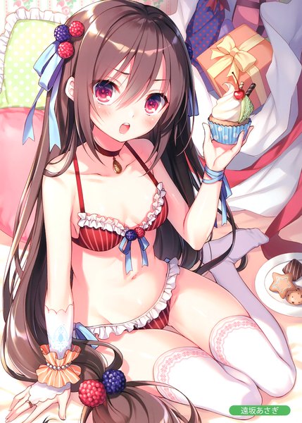 Anime picture 2105x2946 with original melonbooks blackberry-chan toosaka asagi single tall image looking at viewer blush fringe highres breasts open mouth light erotic hair between eyes brown hair sitting purple eyes bare shoulders holding payot