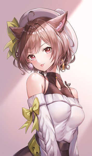 Anime picture 791x1339 with virtual youtuber tsunderia miori celesta lunacle single tall image looking at viewer blush fringe short hair breasts simple background red eyes brown hair standing bare shoulders animal ears upper body ahoge head tilt