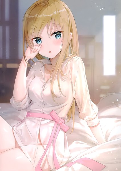 Anime picture 2425x3426 with original fuumi (radial engine) single long hair tall image looking at viewer blush fringe highres breasts open mouth blue eyes light erotic blonde hair hair between eyes sitting payot indoors scan arm support