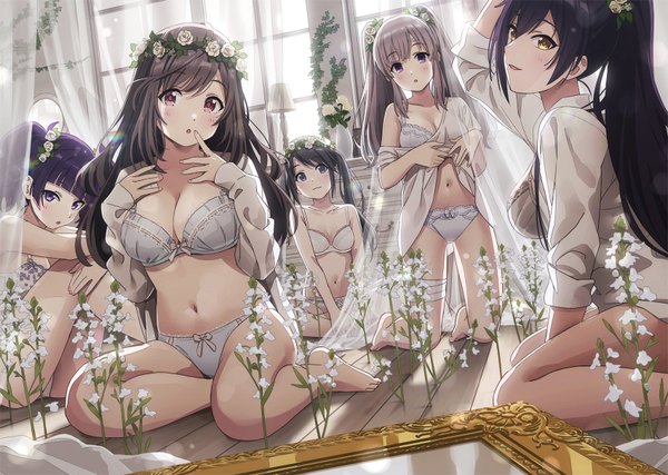 Anime picture 1700x1212 with idolmaster idolmaster shiny colors shirase sakuya tsukioka kogane tanaka mamimi yuukoku kiriko mitsumine yuika sonsoso long hair looking at viewer blush fringe short hair breasts open mouth blue eyes light erotic black hair hair between eyes red eyes