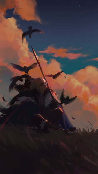 Anime picture 1500x2667 with fire emblem fire emblem: three houses nintendo dimitri alexandre blaiddyd vgmondo single tall image short hair blonde hair sitting looking away cloud (clouds) outdoors night night sky boy weapon plant (plants) animal bird (birds)