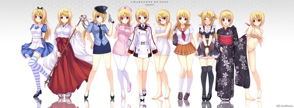 Anime picture 3000x1114 with infinite stratos 8bit charles dunois caidychen long hair blush highres short hair blonde hair wide image purple eyes animal ears japanese clothes cat ears maid miko cosplay nurse multiple persona alice (wonderland) (cosplay)