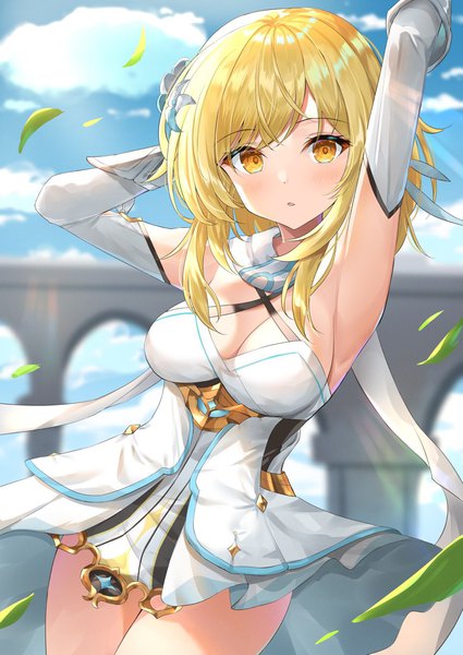 Anime picture 968x1368 with genshin impact lumine (genshin impact) kanaria hisagi single tall image looking at viewer blush short hair breasts light erotic blonde hair yellow eyes sky cleavage cloud (clouds) outdoors wind arms up armpit (armpits) girl