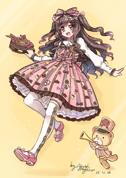 Anime picture 1240x1748 with original north abyssor single long hair tall image looking at viewer fringe open mouth smile brown hair signed yellow eyes long sleeves wide sleeves two side up gradient background dated wavy hair yellow background lolita fashion