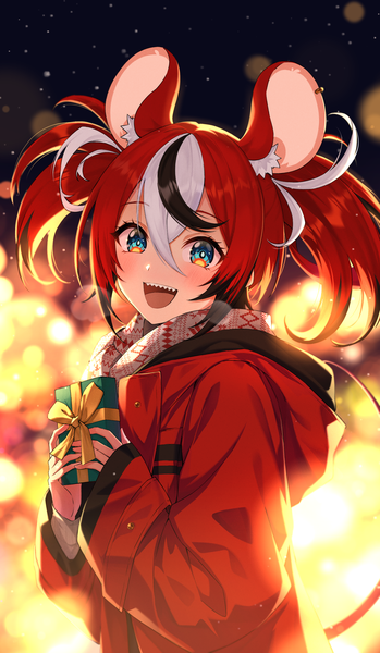 Anime-Bild 1700x2922 mit virtual youtuber hololive hololive english hakos baelz corsetman single tall image blush short hair open mouth blue eyes twintails animal ears upper body red hair tail long sleeves :d animal tail multicolored hair