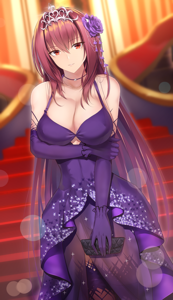 Anime picture 1200x2077 with fate (series) fate/grand order scathach (fate) (all) scathach (formal dress) (fate) feng mouren single long hair tall image looking at viewer fringe breasts light erotic hair between eyes red eyes large breasts bare shoulders cleavage purple hair hair flower holding arm