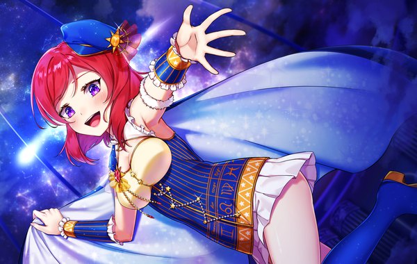 Anime picture 1800x1142 with love live! school idol project love live! school idol festival sunrise (studio) love live! nishikino maki hachinatsu single looking at viewer blush fringe highres short hair open mouth light erotic smile purple eyes sky cloud (clouds) red hair :d