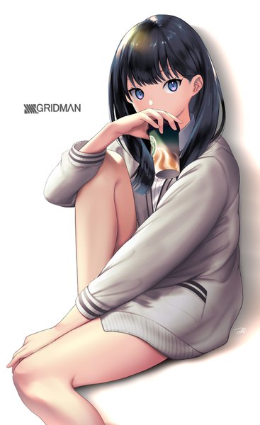 Anime picture 1928x3146 with gridman universe ssss.gridman studio trigger takarada rikka puchiman single long hair tall image looking at viewer fringe highres blue eyes black hair simple background white background sitting signed bent knee (knees) long sleeves bare legs