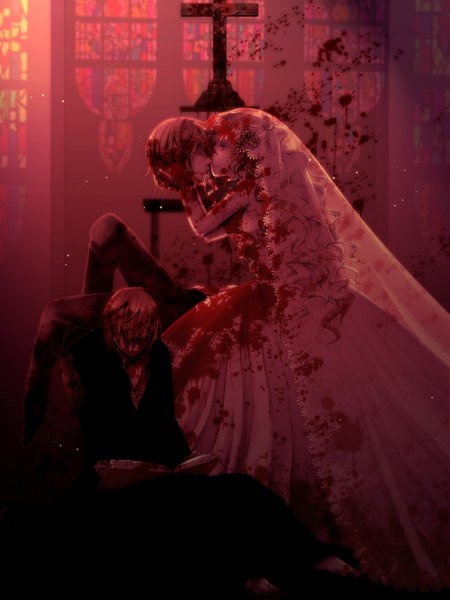 Anime picture 1200x1600 with original pd-x tall image short hair blonde hair barefoot kiss guro girl dress boy blood suit wedding dress church