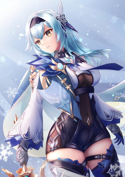 Anime picture 1273x1800 with genshin impact eula lawrence sebu illust single long hair tall image fringe breasts light erotic hair between eyes standing yellow eyes blue hair looking away turning head girl gloves weapon sword hairband