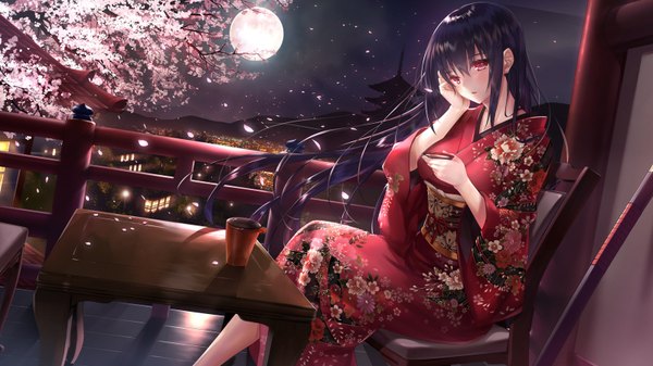 Anime picture 1600x900 with original hayakawa harui single long hair looking at viewer black hair red eyes wide image traditional clothes japanese clothes night cherry blossoms girl petals kimono moon chair table sakazuki tokkuri