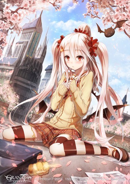 Anime picture 720x1024 with granatha eternal bae.c long hair tall image looking at viewer blush red eyes sitting twintails pink hair sky cloud (clouds) ponytail pleated skirt sunlight embarrassed cherry blossoms wariza plaid skirt girl