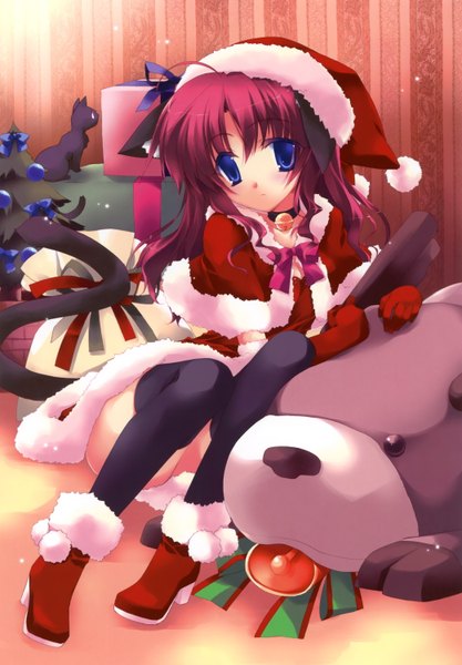 Anime picture 2084x2997 with minazuki haruka tall image highres blue eyes animal ears red hair tail fur trim christmas bell collar girl thighhighs gloves black thighhighs fur bell cat toy stuffed animal santa claus hat