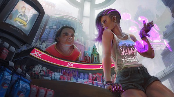 Anime-Bild 1200x675 mit overwatch blizzard entertainment sombra (overwatch) nell-fallcard long hair short hair wide image standing bare shoulders looking away purple hair profile realistic mole arm support from below mole under eye lipstick gradient hair eyeshadow