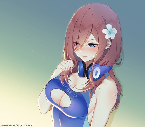 Anime picture 4059x3585 with go-toubun no hanayome nakano miku tofuubear single long hair blush fringe highres breasts blue eyes light erotic simple background smile hair between eyes brown hair large breasts signed payot looking away absurdres