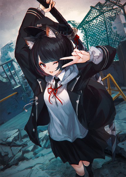 Anime picture 858x1200 with original makihitsuji single tall image looking at viewer blush fringe short hair open mouth black hair smile red eyes holding animal ears sky outdoors blunt bangs long sleeves pleated skirt one eye closed