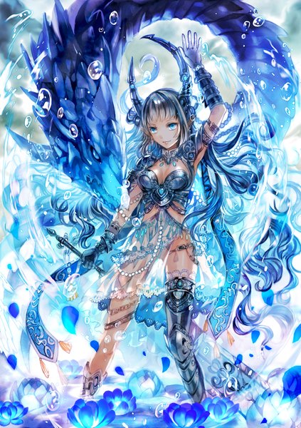 Anime picture 2480x3514 with original rioka long hair tall image looking at viewer highres blue eyes light erotic smile standing blue hair multicolored hair horn (horns) grey hair two-tone hair blue background fantasy girl gloves flower (flowers)