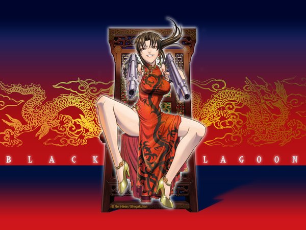 Anime picture 1024x768 with black lagoon madhouse revy (black lagoon) light erotic chinese clothes gun chinese dress