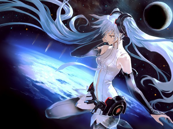 Anime picture 1600x1200 with vocaloid vocaloid append hatsune miku hatsune miku (append) bob (biyonbiyon) single open mouth twintails very long hair aqua hair sleeveless space girl thighhighs black thighhighs detached sleeves necktie headphones moon planet