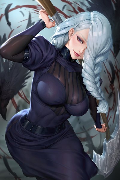 Anime picture 2400x3597 with jujutsu kaisen mappa mei mei (jujutsu kaisen) nudtawut thongmai single long hair tall image looking at viewer fringe highres breasts light erotic large breasts standing purple eyes silver hair braid (braids) long sleeves arm up light smile