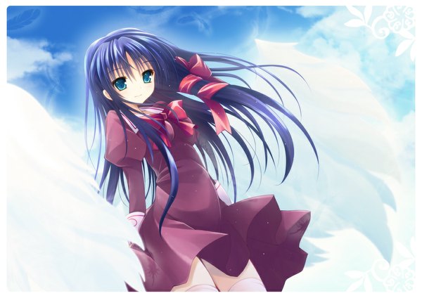 Anime picture 1060x750 with seraphim call tachibana urara kannonouji single long hair blue eyes blue hair sky cloud (clouds) girl dress ribbon (ribbons) hair ribbon wings