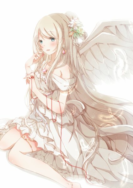 Anime picture 868x1228 with original hiro (hirohiro31) single long hair tall image blush open mouth blue eyes white background white hair hair flower girl dress hair ornament flower (flowers) wings feather (feathers) thread red thread