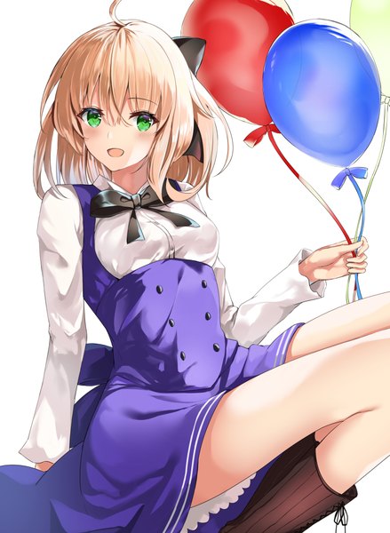 Anime picture 1574x2149 with fate (series) fate/grand order fate/unlimited codes artoria pendragon (all) saber lily tsukise miwa single tall image looking at viewer blush fringe short hair open mouth simple background blonde hair smile hair between eyes white background sitting holding