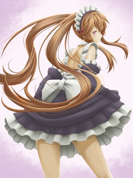 Anime picture 768x1024 with outbreak company feel (studio) myucel foalan yoruusagi single long hair tall image brown hair twintails purple eyes looking away profile pointy ears maid girl dress detached sleeves headdress maid headdress