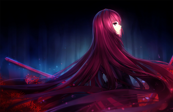 Anime picture 1400x913 with fate (series) fate/grand order scathach (fate) (all) scathach (fate) mallizmora single looking at viewer red eyes standing upper body red hair very long hair profile looking back depth of field gradient background floating hair dark background girl flower (flowers)