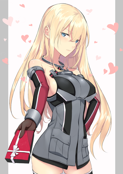 Anime picture 2893x4092 with kantai collection bismarck battleship yagitome87 single long hair tall image looking at viewer blush fringe highres breasts blue eyes blonde hair hair between eyes standing bare shoulders holding outstretched arm valentine pillarboxed