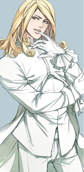 Anime picture 1212x2480 with jojo no kimyou na bouken steel ball run funny valentine later (chiyating) single long hair tall image blue eyes simple background blonde hair looking away grey background drill hair boy gloves white gloves