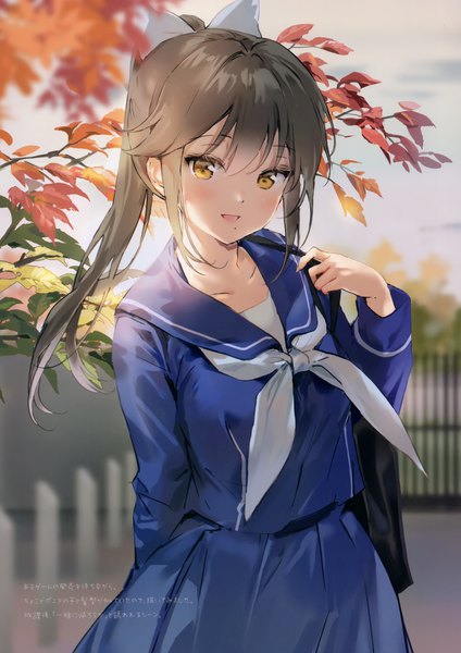 Anime picture 2406x3405 with original anmi single long hair tall image looking at viewer blush fringe highres open mouth smile hair between eyes brown hair standing yellow eyes payot sky outdoors ponytail long sleeves