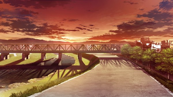 Anime picture 2560x1440 with grisaia no kajitsu highres wide image game cg sky cloud (clouds) evening sunset mountain river plant (plants) tree (trees) grass bridge road