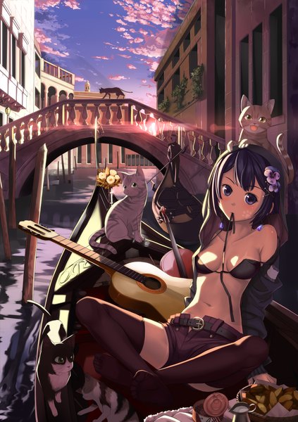 Anime picture 1500x2125 with beek (artist) tall image short hair breasts blue eyes light erotic sitting holding cloud (clouds) hair flower mouth hold evening sunset river unzipped ribbon in mouth girl thighhighs navel hair ornament