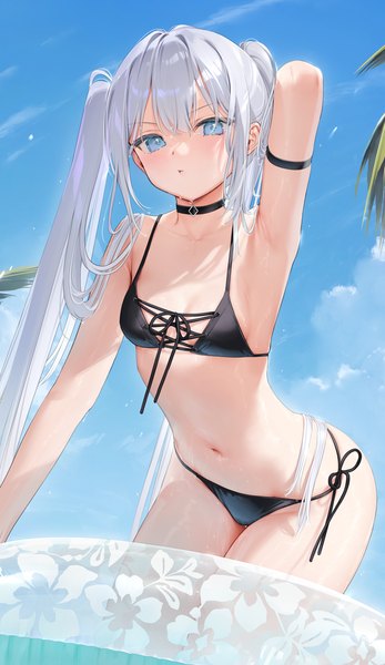 Anime-Bild 774x1339 mit original mignon single long hair tall image looking at viewer blush fringe blue eyes light erotic hair between eyes standing twintails payot sky silver hair cloud (clouds) outdoors arm up from below