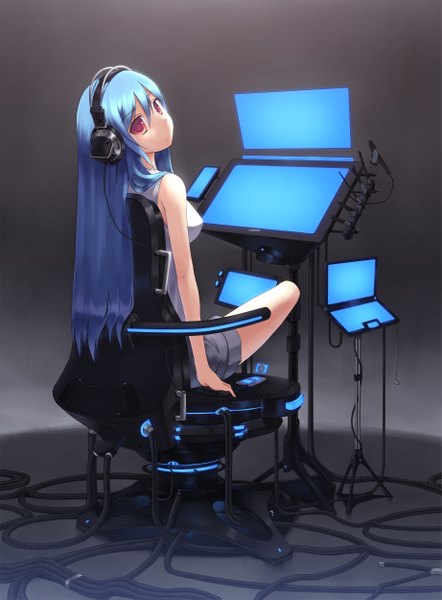 Anime picture 1841x2500 with original zenn (artist) single long hair tall image highres red eyes sitting blue hair looking back girl headphones chair wire (wires) monitor laptop