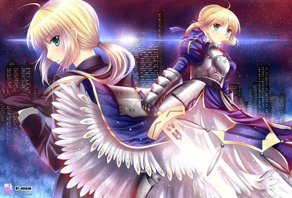 Anime picture 2400x1629 with fate (series) fate/stay night fate/zero studio deen type-moon artoria pendragon (all) saber obiwan highres short hair blonde hair multiple girls green eyes ahoge ponytail looking back city girl dress gloves