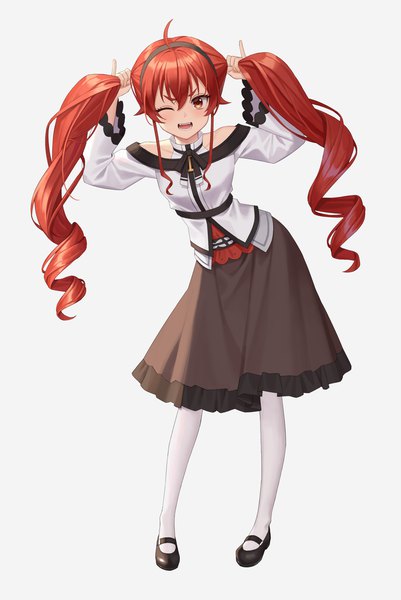 Anime picture 2360x3528 with mushoku tensei studio bind eris boreas greyrat beomko single long hair tall image fringe highres open mouth simple background hair between eyes red eyes standing white background twintails bare shoulders full body ahoge red hair