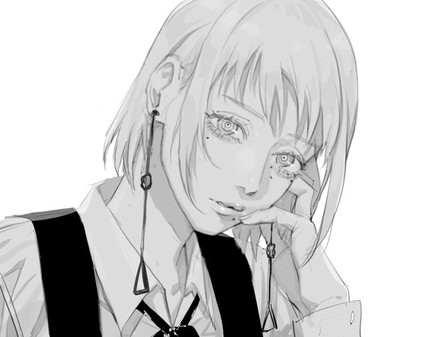 Anime picture 949x750 with chainsaw man mappa fami (chainsaw man) ikanyoikanikan single short hair simple background white background upper body mole mole under eye monochrome mole under mouth girl earrings