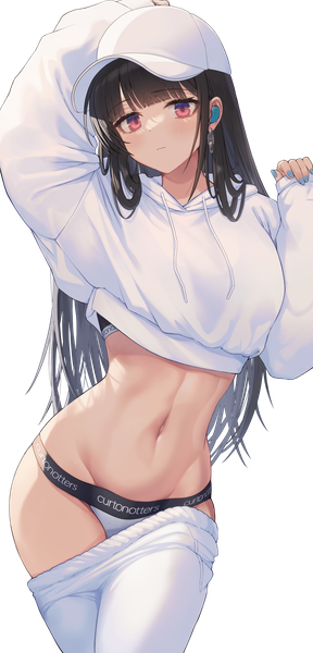 Anime picture 2306x4798 with original makamati single long hair tall image looking at viewer blush fringe highres light erotic black hair red eyes standing blunt bangs long sleeves nail polish arms up sleeves past wrists arm behind head transparent background