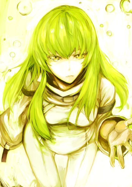 Anime picture 1200x1697 with code geass sunrise (studio) c.c. illustica phantom single long hair tall image fringe breasts green eyes green hair lips leaning leaning forward outstretched arm girl bodysuit